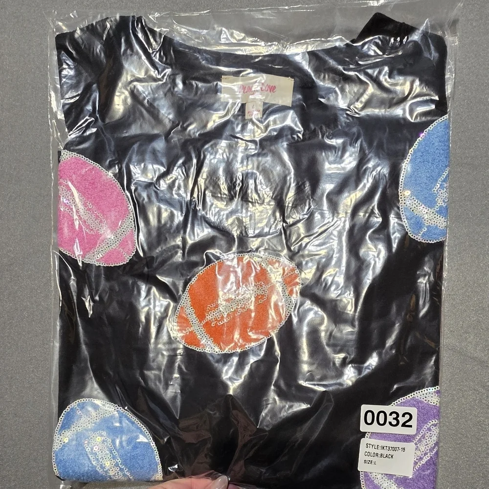 Peach Love Colorful Patch Football Oversized WomenTop New In Poly PTP 31 LARGE - Picture 6 of 7